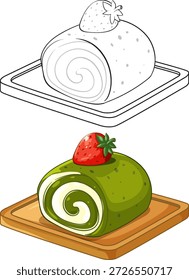 Vektorgrafik eines Matcha-Schweizer Rollkuchens mit Erdbeere, inkl. Farb- und Umrissvarianten