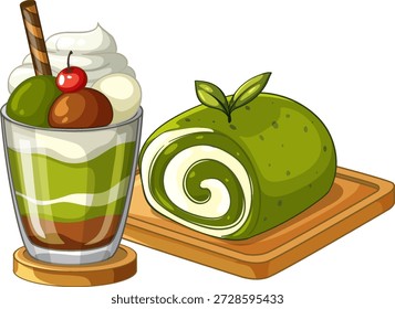 Ilustración vectorial de un rollo suizo matcha y parfait en capas sobre un fondo blanco