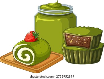 Vector illustration of matcha swiss roll, green tea spread jar, and red bean mooncakes