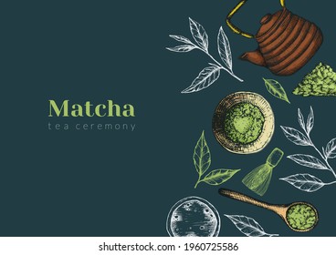 Vector illustration of matcha tea advertising horizontal banner on dark green. Flyer or publication about the tea ceremony