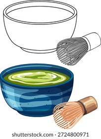 Vector illustration of a matcha tea bowl and bamboo whisk in colored and outline styles