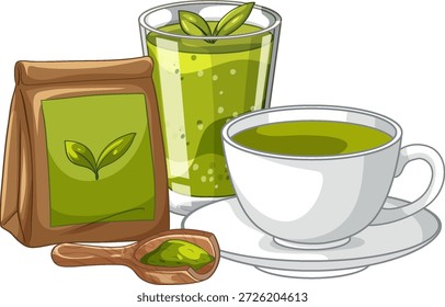 Ilustração vetorial da xícara de chá matcha, vidro de smoothie, saco de pó e colher de madeira no branco