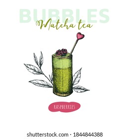 Vector illustration of matcha tea label with bubbles and raspberries. Cute composition for advertising, signboards, printing