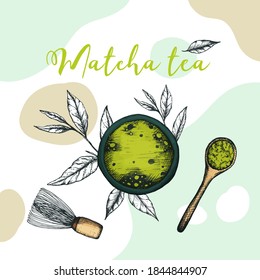 Vector illustration of matcha tea label with top view cup, whisk and bamboo spoon for traditional ceremony. Flyer, label or packaging design