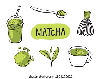 Vector illustration of matcha tea minset. Doodle style.