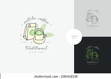 Vector illustration of matcha tea products. Hand draw logo of matcha drinks