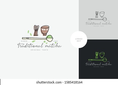 Vector illustration of matcha tea products. Hand draw logo of matcha ingredients