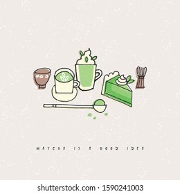 Vector illustration of matcha tea products. Hand draw set of tea, coffee and sweets