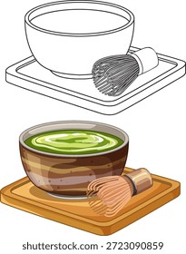 Vector illustration of a matcha tea set including bowl, whisk, and tray in two styles