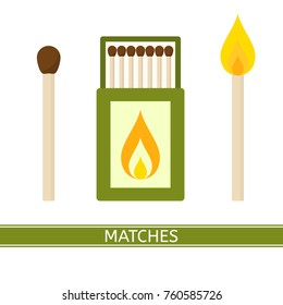 Vector illustration of matches box isolated on white background. Matchbox and burning match for camping, hiking, survival in flat style. Open matchbook.
