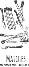 Vector illustration of matches set. Single, crossed, burnt, new, whole, burning fire. Simple object icons in a vintage hand drawn style.