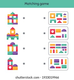 Ilustración vectorial. Juego coincidente. Bloques para los niños. Hoja de trabajo para niños en edad preescolar, preescolar y escolar.