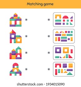 Vector illustration. Matching game. Building blocks for kids. Worksheet for kids kindergarten, preschool and school age.