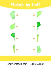 vector illustration. Matching game for children. Connect the halves of the vegetable. zucchini, broccoli, cauliflower, celery