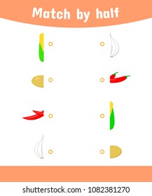 vector illustration. Matching game for children. Connect the halves of the vegetable. corn, potatoes, chili, garlic