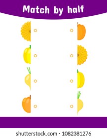 vector illustration. Matching game for children. Connect the halves of the vegetable. squash, peppers, turnips, pumpkin
