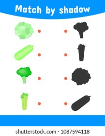 vector illustration. Matching game for children. Connect the shadow of the vegetables. cauliflower, zucchini, broccoli, celery