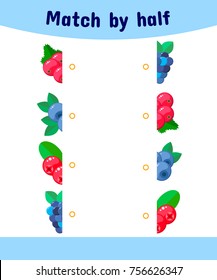 Vector illustration. Matching game for children. Connect the halves of the berry. BlackBerry, blueberry, currant, cranberry.