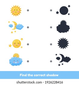Vector illustration. Matching game for kids preschool and kindergarten age. Find the correct shadow. Cute weather.