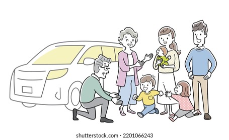 Vector illustration material: 3 generation family and car, private car