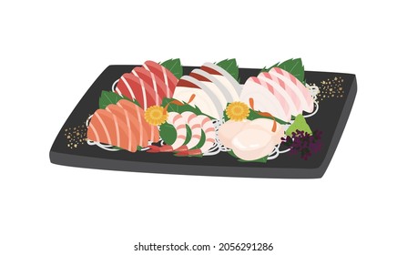 Vector illustration material of assorted sashimi on a plate.