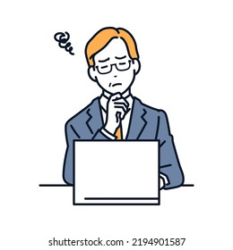 Vector illustration material of a boss worried in front of a laptop