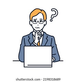 Vector illustration material of a boss worried in front of a laptop