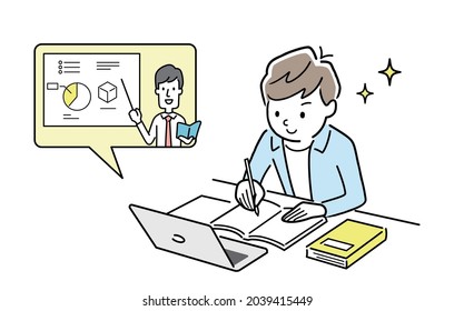 Vector illustration material: Boy taking remote lessons using a computer