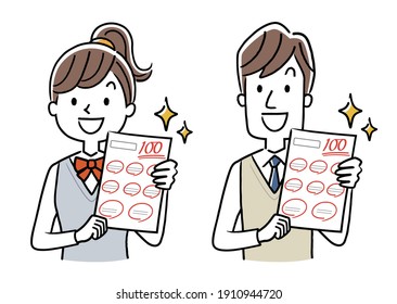 Vector Illustration Material: Boys and girls who score 100 points in the test