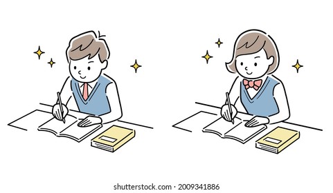 Vector Illustration Material: Boys and Girls Studying at School