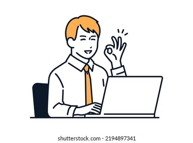 Vector illustration material of a businessman giving an OK sign in front of a laptop