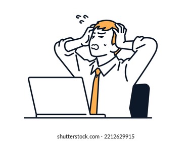 Vector illustration material of a businessman holding his head in front of a computer