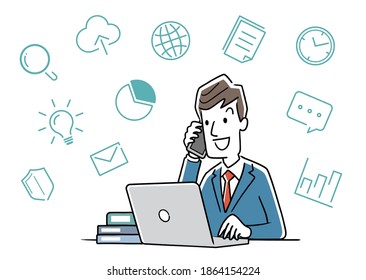 Vector illustration material: Businessman making a phone call while working on a computer