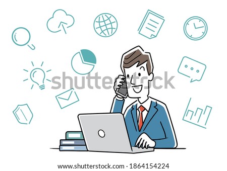 Vector illustration material: Businessman making a phone call while working on a computer