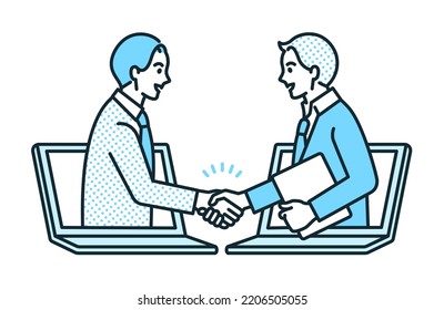 Vector illustration material of a businessman who has successfully negotiated online.