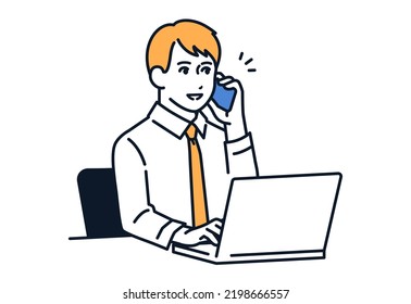 Vector illustration material of a businessman working on a laptop while talking