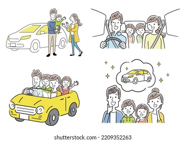 Vector illustration material: car and family set