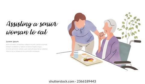 Vector illustration material: Care staff providing care and meal assistance