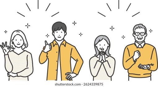 Vector illustration material of a cheerful young couple and a senior couple