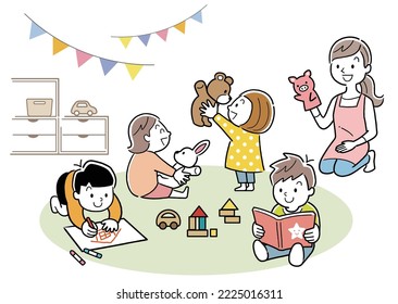 Vector illustration material: Children spending time in kindergarten and nursery school and a nursery teacher