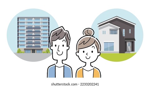 Vector illustration material: a couple choosing a detached house and an apartment