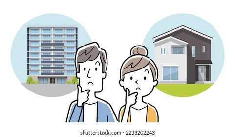 Vector illustration material: a couple choosing a detached house and an apartment