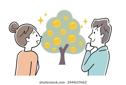 Vector illustration material: Couple looking at the money tree