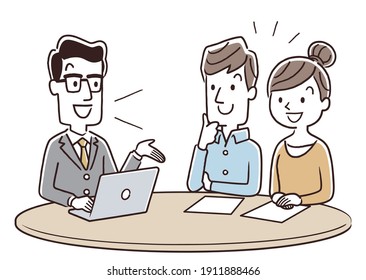 Vector illustration material: Couples, couples receiving explanations from male staff