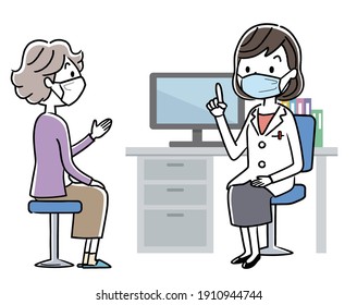 Vector Illustration Material: Doctors and senior patients wearing masks