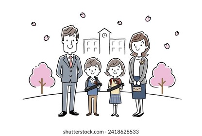 Vector illustration material: Elementary school students, parents, and families celebrating their graduation ceremony