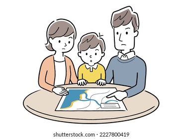 Vector illustration material: Family checking the evacuation place in the event of a disaster with a hazard map