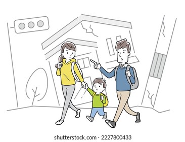 Vector illustration material: family evacuating after a disaster