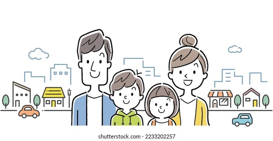 Material de ilustración del vector: familia de cuatro y antecedentes de ciudad