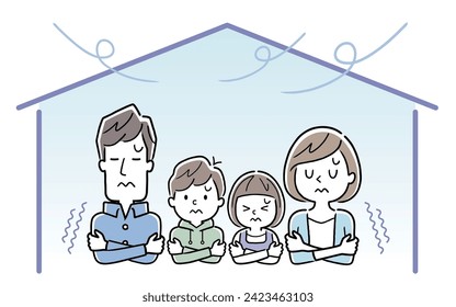 Vector illustration material: A family of four shivering because it's cold inside the house